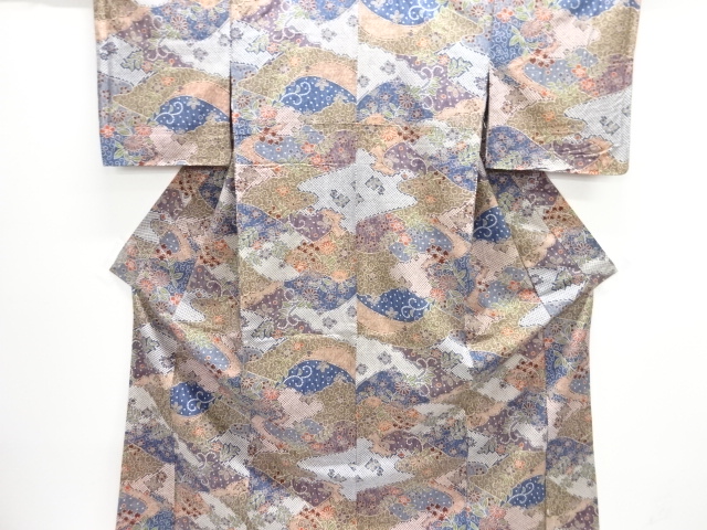 JAPANESE KIMONO / UNUSED/ SILK / HAND WOVEN TSUMUGI / FLORAL PLANTS & HITTA PATTERN